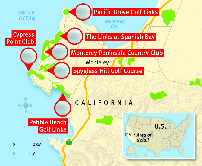 A map shows the locations of several golf courses near the ocean.
