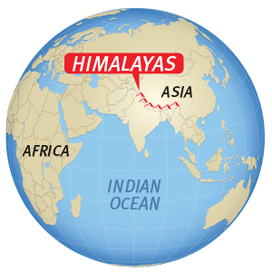 A map shows that the Himalayas are located in Asia