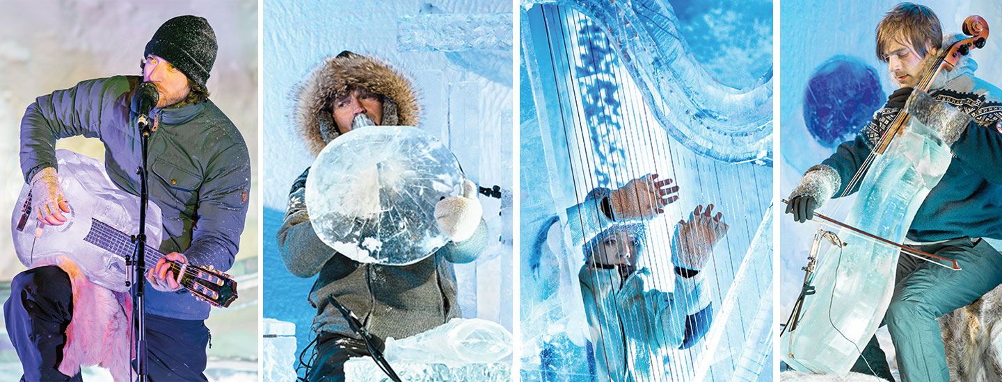 A band playing a guitar, a horn, a harp, and a cello. All the instruments are made of ice. 