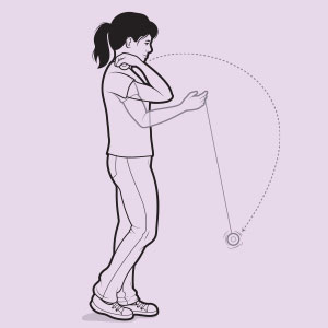 A diagram of a girl swinging a yo-yo from her shoulder forward in an arc