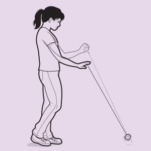 A diagram of a girl pulling a yo-yo backwards before catching it in her hand