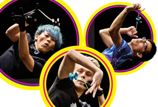 Three separate images of yo-yoers swinging yo-yos around their fingers and arms