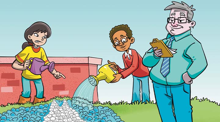 Illustration of two students watering flowers while the teacher observes
