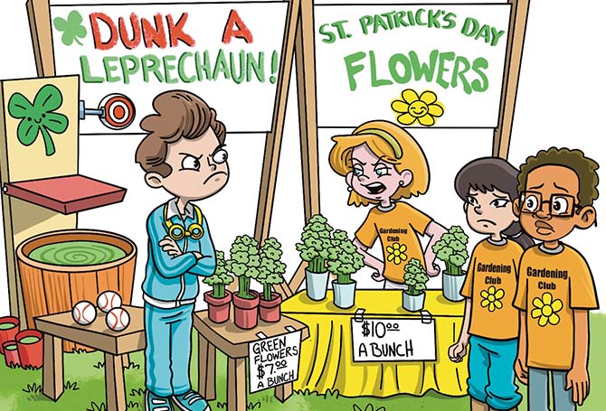 Illustration of three gardening club student in an argument with another student