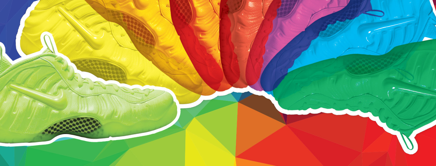 Various sneakers arranged as the colors of the rainbow
