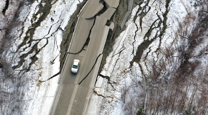 Aerial photo of a cracked road 