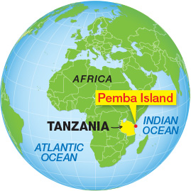World map highlighting Pemba Island in Tanzania