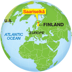 World map highlighting Saariselka in Finland