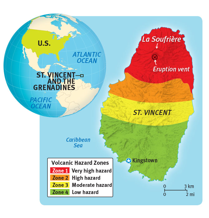 World map but then zoomed in on St. Vincent and the Volcanic Harzard Zones