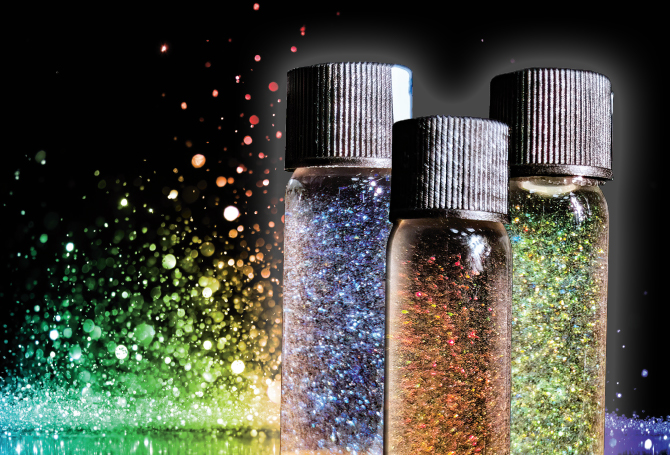 Three different colors of bottled glitter