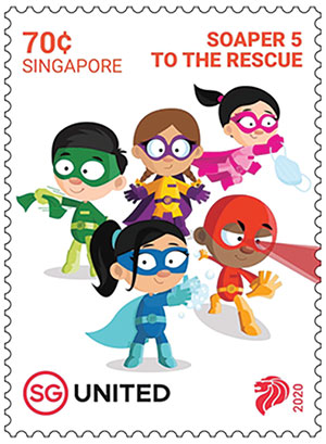 A stamp showing cartoon superhero figures