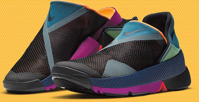 Blue, black, purple and orange Nike sneakers with no laces